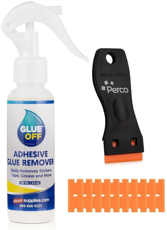Main image of Glue Off Adhesive Sticker Remover 3.3 fl. oz & Scraper with Plastic Razor for Removing Labels (Adhesive Sticker Remover & Scraper w/Plastic Razor)