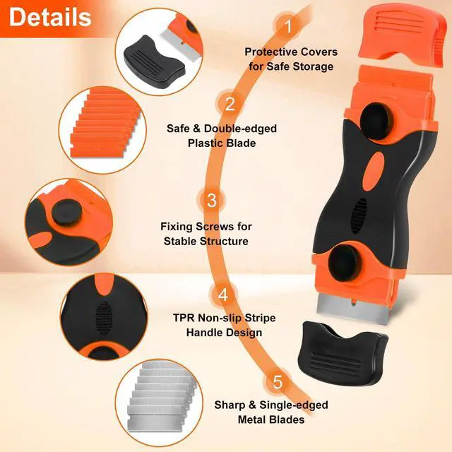 Alt view image 3 of 7 - Razor Blade Scraper, 2 Pack Razor Scraper with 40Pcs Razor Blades, Multi-Purpose Cleaning Scraper Tool for Removing Decals, Tint, Stickers, Labels, Caulk, Adhesive from Window, Oven, Stove Top