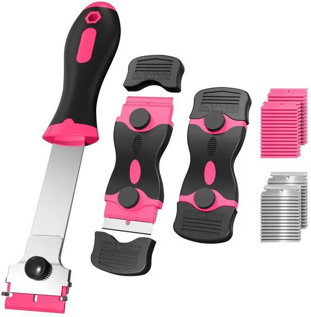 Main image of 3 Pack Razor Blade Scraper Set, Includes 30 Plastic & 30 Metal Blades, Multi-Purpose Tool for Glass, Cooktop, Sticker Removal, Paint & Gum Cleaning (Pink)