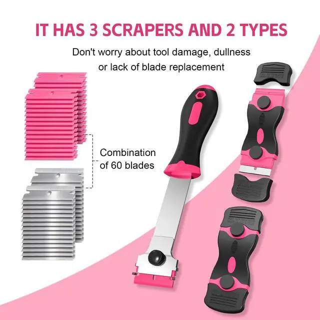 Alt view image 4 of 7 - 3 Pack Razor Blade Scraper Set, Includes 30 Plastic & 30 Metal Blades, Multi-Purpose Tool for Glass, Cooktop, Sticker Removal, Paint & Gum Cleaning (Pink)