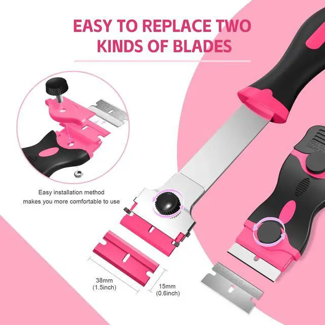 Alt view image 5 of 7 - 3 Pack Razor Blade Scraper Set, Includes 30 Plastic & 30 Metal Blades, Multi-Purpose Tool for Glass, Cooktop, Sticker Removal, Paint & Gum Cleaning (Pink)