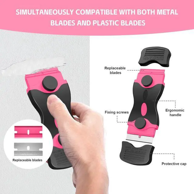 Alt view image 3 of 7 - 3 Pack Razor Blade Scraper Set, Includes 30 Plastic & 30 Metal Blades, Multi-Purpose Tool for Glass, Cooktop, Sticker Removal, Paint & Gum Cleaning (Pink)