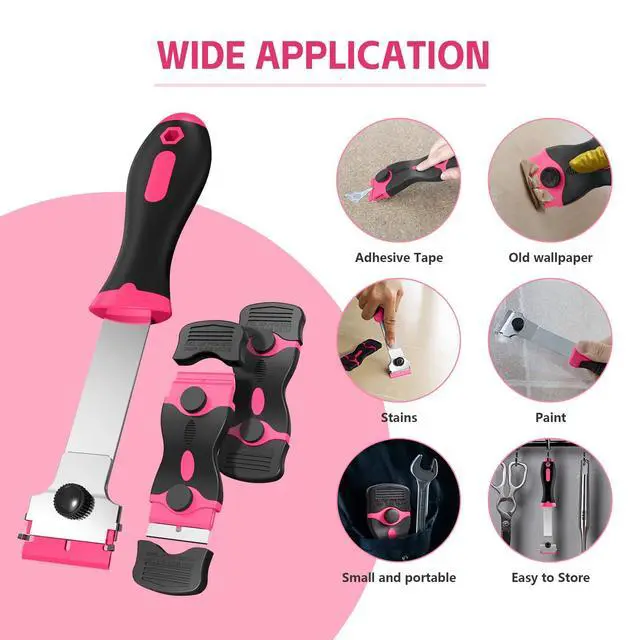 Alt view image 6 of 7 - 3 Pack Razor Blade Scraper Set, Includes 30 Plastic & 30 Metal Blades, Multi-Purpose Tool for Glass, Cooktop, Sticker Removal, Paint & Gum Cleaning (Pink)