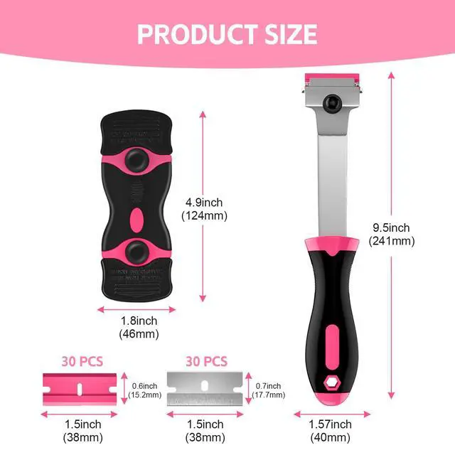 Alt view image 7 of 7 - 3 Pack Razor Blade Scraper Set, Includes 30 Plastic & 30 Metal Blades, Multi-Purpose Tool for Glass, Cooktop, Sticker Removal, Paint & Gum Cleaning (Pink)