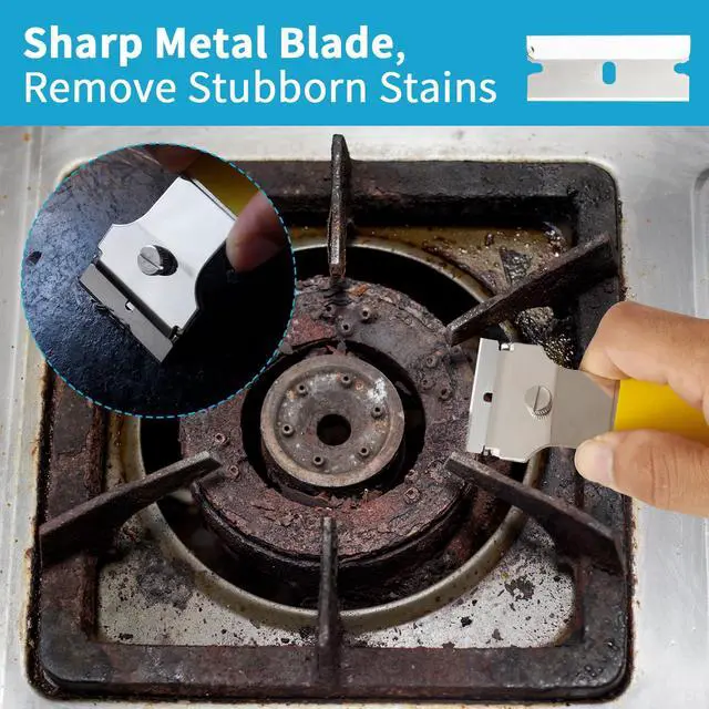 Alt view image 3 of 7 - 2 Pack Razor Blade Scraper, Multi-Purpose Cleaning Remover Tool, with 10 Metal & 10 Plastic Blades, for Glass Caulk, Adhesive, Wall, Stovetop, Paint, Window, Sticker, Tile, Label Decals