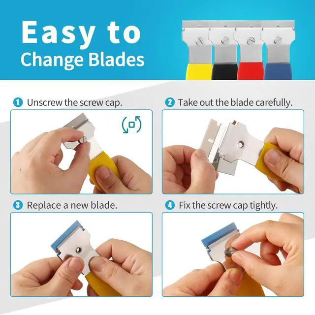Alt view image 5 of 7 - 2 Pack Razor Blade Scraper, Multi-Purpose Cleaning Remover Tool, with 10 Metal & 10 Plastic Blades, for Glass Caulk, Adhesive, Wall, Stovetop, Paint, Window, Sticker, Tile, Label Decals