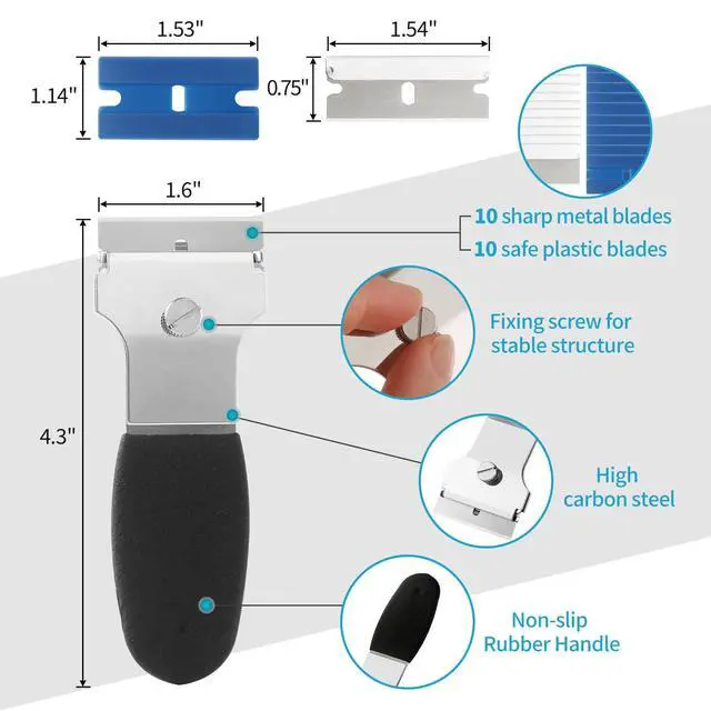 Alt view image 2 of 7 - 2 Pack Razor Blade Scraper, Multi-Purpose Cleaning Remover Tool, with 10 Metal & 10 Plastic Blades, for Glass Caulk, Adhesive, Wall, Stovetop, Paint, Window, Sticker, Tile, Label Decals