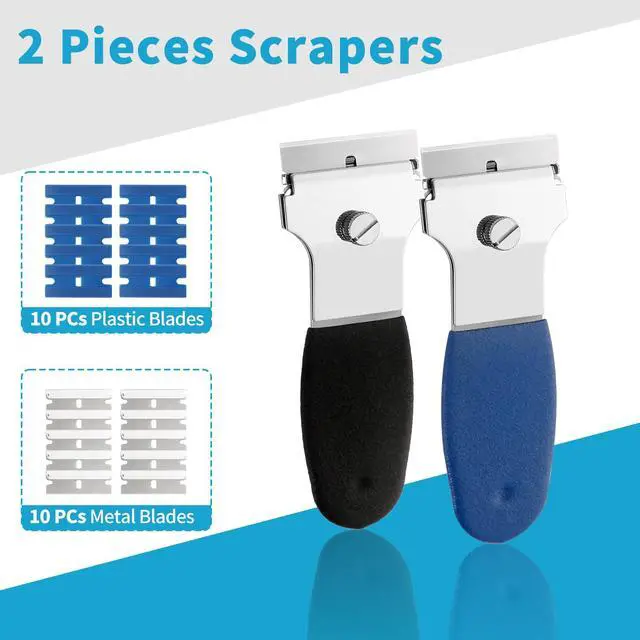 Alt view image 7 of 7 - 2 Pack Razor Blade Scraper, Multi-Purpose Cleaning Remover Tool, with 10 Metal & 10 Plastic Blades, for Glass Caulk, Adhesive, Wall, Stovetop, Paint, Window, Sticker, Tile, Label Decals