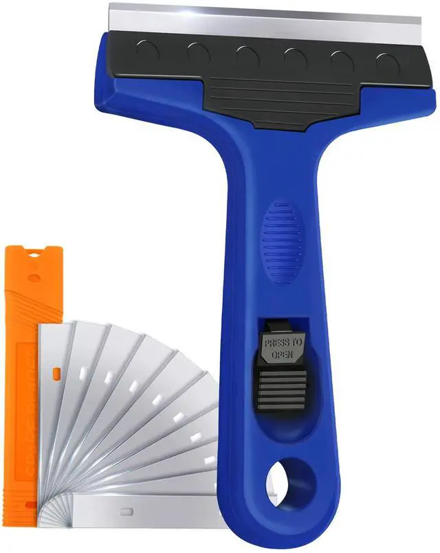 Main image of Razor Blade Scraper, 4" Scraper Tool with 10 Extra Replacement Metal Blades, Razor Scraper Remover for Cleaning Paint, Caulk, Adhesive, Label, Decal, Sticker from Window, Glass, Tile, Floor, Stove Top