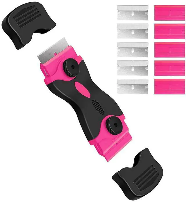 Main image of DEKEones Razor Blade Scraper, Double Edged Razorblade Scraping Tool with 10 Pcs Razor Blades, Paint Scraper for Glass, Decals, Tint, Stickers, Labels, Caulk, Adhesive(Pink)