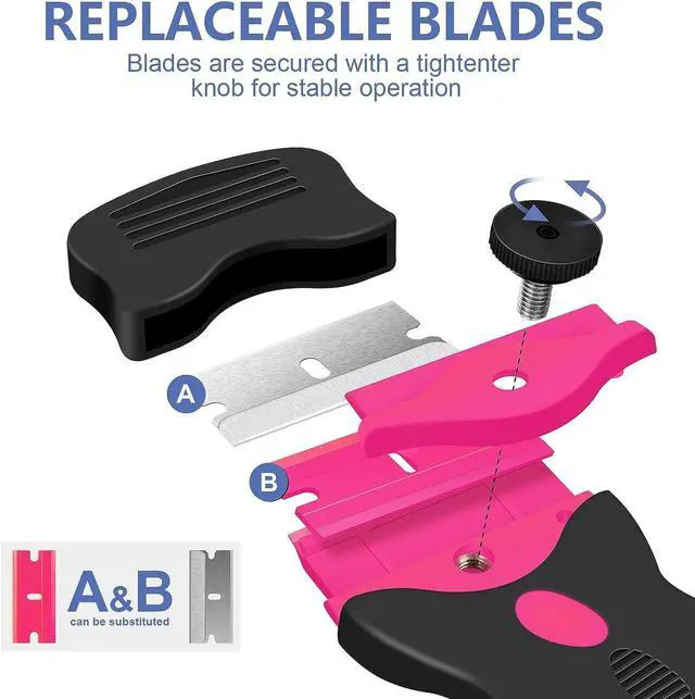 Alt view image 2 of 7 - DEKEones Razor Blade Scraper, Double Edged Razorblade Scraping Tool with 10 Pcs Razor Blades, Paint Scraper for Glass, Decals, Tint, Stickers, Labels, Caulk, Adhesive(Pink)