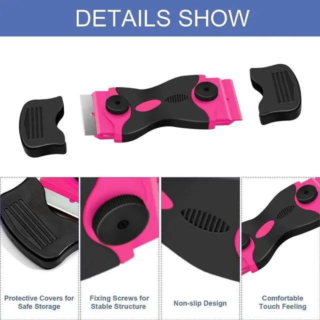 Alt view image 4 of 7 - DEKEones Razor Blade Scraper, Double Edged Razorblade Scraping Tool with 10 Pcs Razor Blades, Paint Scraper for Glass, Decals, Tint, Stickers, Labels, Caulk, Adhesive(Pink)