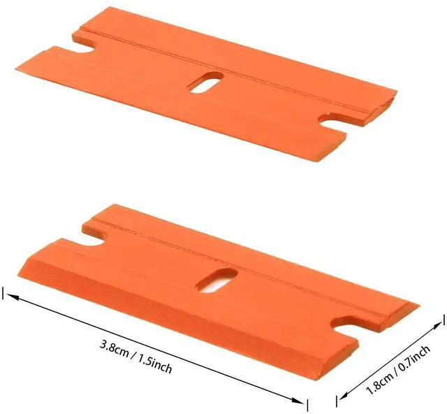 Alt view image 3 of 6 - Plastic Razor Blades 200PCS Double Edged 1.5 Inch Suit for Razor Blade Scraper, Plastic Scraper for Remove Decals Stickers Adhesive Label and Glass Clean, Orange