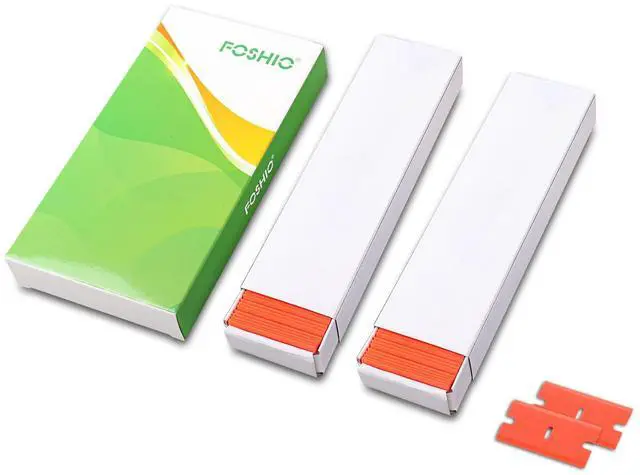 Alt view image 5 of 6 - Plastic Razor Blades 200PCS Double Edged 1.5 Inch Suit for Razor Blade Scraper, Plastic Scraper for Remove Decals Stickers Adhesive Label and Glass Clean, Orange
