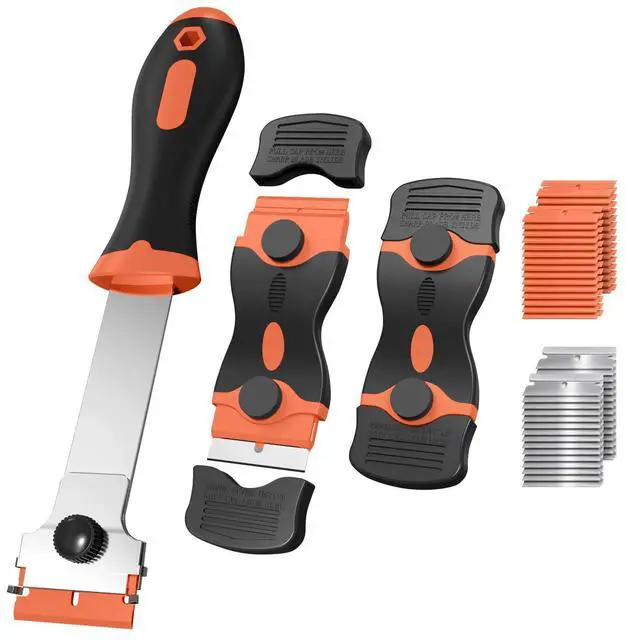 Main image of 3 Pack Razor Blade Scraper Set, Includes 30 Plastic & 30 Metal Blades, Multi-Purpose Tool for Glass, Cooktop, Sticker Removal, Paint & Gum Cleaning (Orange)