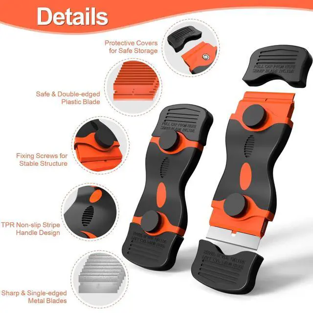 Alt view image 6 of 7 - 3 Pack Razor Blade Scraper Set, Includes 30 Plastic & 30 Metal Blades, Multi-Purpose Tool for Glass, Cooktop, Sticker Removal, Paint & Gum Cleaning (Orange)