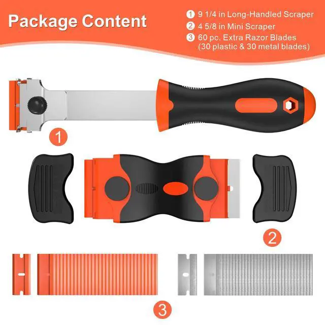 Alt view image 3 of 7 - 3 Pack Razor Blade Scraper Set, Includes 30 Plastic & 30 Metal Blades, Multi-Purpose Tool for Glass, Cooktop, Sticker Removal, Paint & Gum Cleaning (Orange)