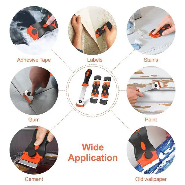 Alt view image 7 of 7 - 3 Pack Razor Blade Scraper Set, Includes 30 Plastic & 30 Metal Blades, Multi-Purpose Tool for Glass, Cooktop, Sticker Removal, Paint & Gum Cleaning (Orange)
