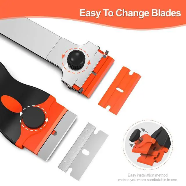 Alt view image 4 of 7 - 3 Pack Razor Blade Scraper Set, Includes 30 Plastic & 30 Metal Blades, Multi-Purpose Tool for Glass, Cooktop, Sticker Removal, Paint & Gum Cleaning (Orange)