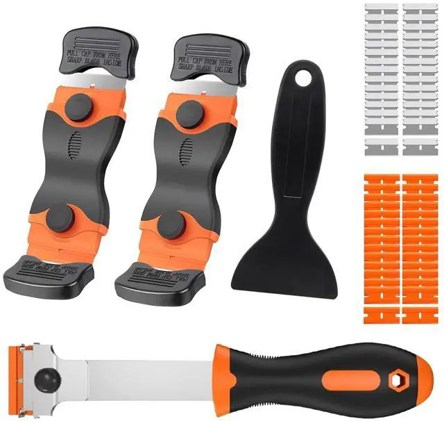 Main image of Razor Blade Scraper Tool Set, 4 Pack Paint Scrapers with 30 Plastic & 30 Metal Blades, Safe Non-Scratch Glass Scraper for Stickers & Paint