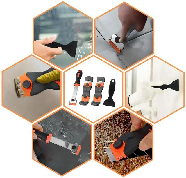 Alt view image 7 of 7 - Razor Blade Scraper Tool Set, 4 Pack Paint Scrapers with 30 Plastic & 30 Metal Blades, Safe Non-Scratch Glass Scraper for Stickers & Paint