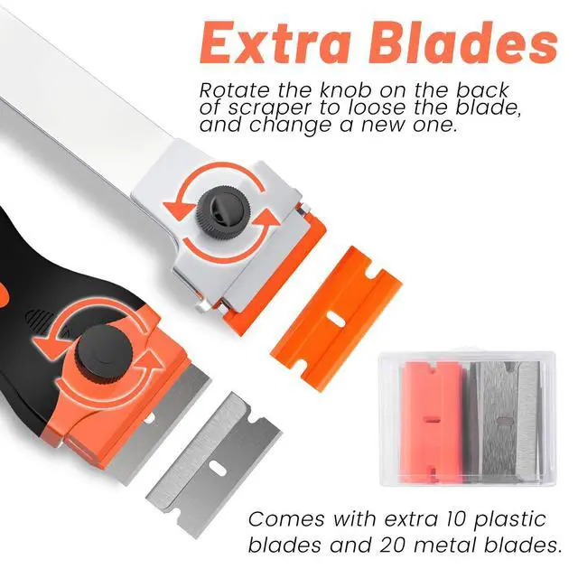 Alt view image 5 of 5 - Razor Blade Scraper, 2 PCS Razor Scraper Tool for Removing Label, Registration Sticker, Tint, Grease from Windshield, Appliance, Glass (Extra 20 Metal and 10 Plastic Blades)