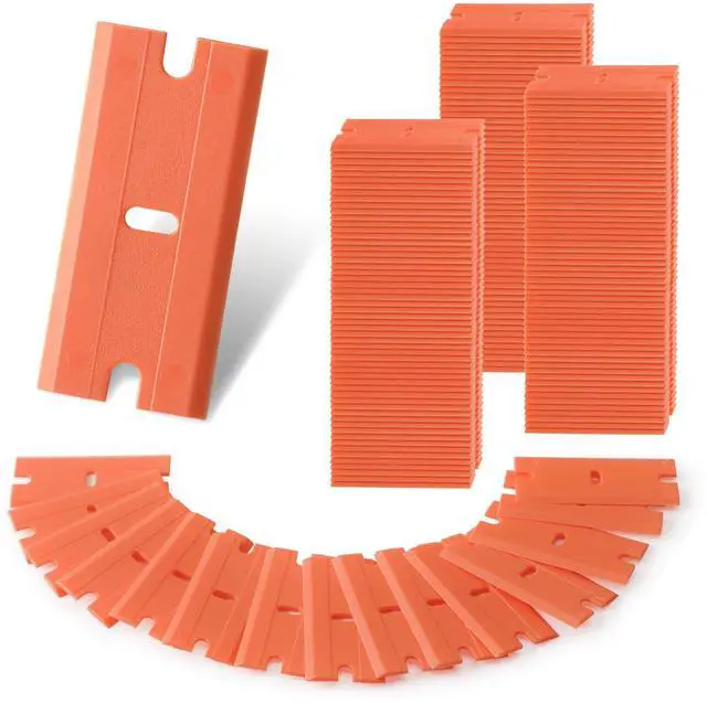 Main image of 200 Pack Plastic Razor Blades, Double Edge Safety Scraper Refills, Replacement Blades for Removing Sticker, Glue, Paint from Glass, Tile, and Multi-Surface Cleaning