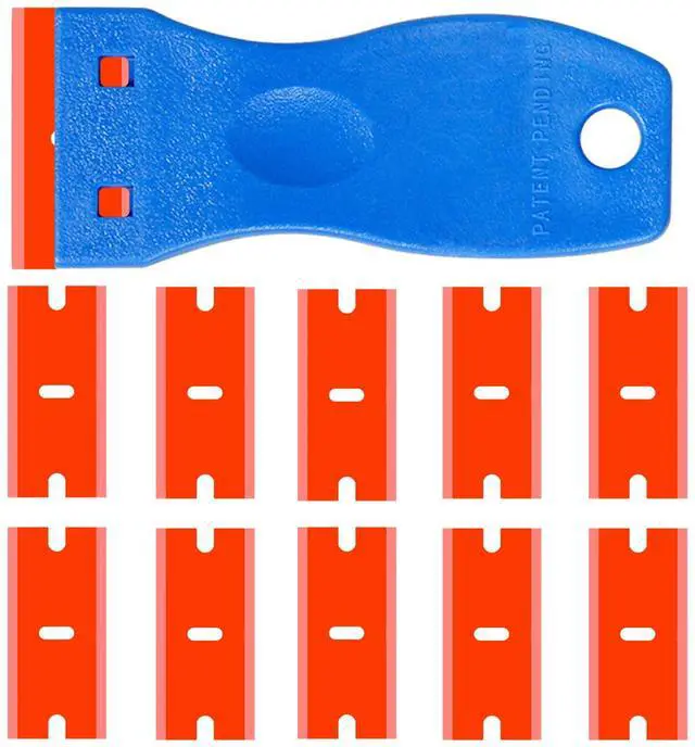 Main image of Double Edged Plastic Razor Blade Scrapers Knife with Contoured Grip for Scraping Labels and Decals Sticker From Glass, Windshields and Auto Window Tint Vinyl Tool Application(Scraper with 10 Blades)