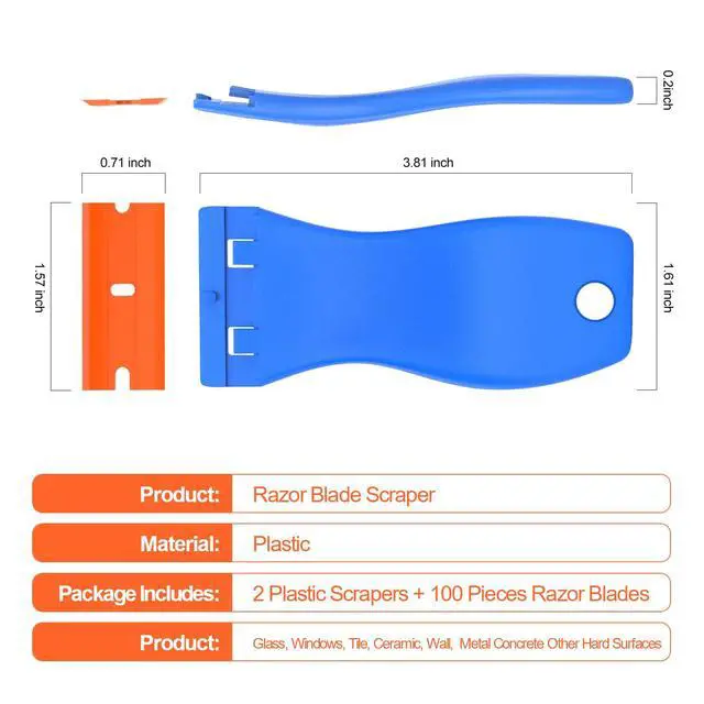 Alt view image 7 of 7 - Plastic Razor Blades Scraper Tool - 2 Pack Wall Paint Remover with 100 Pcs Plastic Blades Kit No Scratch Car Window Glass Wood Sticker Removal Floor Stove Kitchen Vinyl Adhesive Decal Tape Cleanings