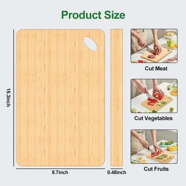 Alt view image 3 of 7 - Wooden Cutting Boards for Kitchen, 15.3 * 8.7'' Knife Friendly Bamboo Cutting Board Lightweight & Durable Chopping Board with Hang Hole for Easy Storage & Clean, Large