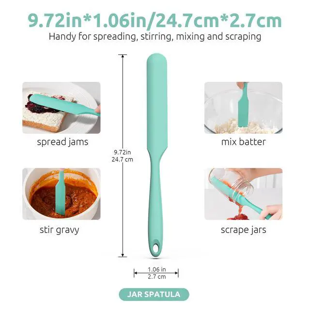 Alt view image 2 of 7 - Skinny Silicone Jar Spatula: 600ºF Heat-Resistant Food-Grade 10in Long Narrow Sourdough Stirring Stick, Seamless Flexible Peanut Butter Spreader for Scraping Icing Bread Cream, Jam (Aqua Sky)