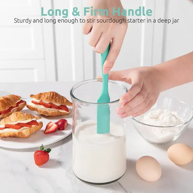Alt view image 3 of 7 - Skinny Silicone Jar Spatula: 600ºF Heat-Resistant Food-Grade 10in Long Narrow Sourdough Stirring Stick, Seamless Flexible Peanut Butter Spreader for Scraping Icing Bread Cream, Jam (Aqua Sky)