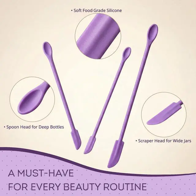 Alt view image 2 of 7 - Silicone Makeup Spatula Set, 3PCS Mini Narrow Cosmetic Scraper Tool for Skincare, Beauty & Foundation, Mask, Cream, Lotion Bottles, Jars, No Drop Left, 3 Sizes, Purple