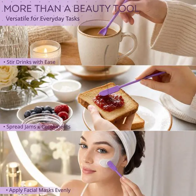 Alt view image 6 of 7 - Silicone Makeup Spatula Set, 3PCS Mini Narrow Cosmetic Scraper Tool for Skincare, Beauty & Foundation, Mask, Cream, Lotion Bottles, Jars, No Drop Left, 3 Sizes, Purple