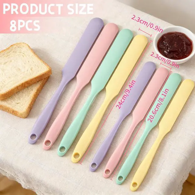 Alt view image 2 of 7 - 8 Pack Silicone Jar Spatula Set Long Handle Small Skinny Spatulas 9.4" & 8.1", Flexible Heat Resistant Silicone Scraper for Baking, Mixing & Sourdough Starter (Purple Green Pink Yellow)