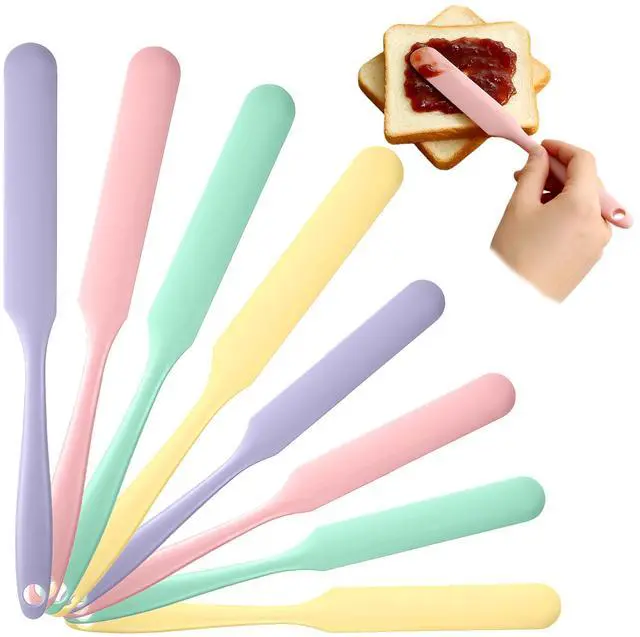 Main image of 8 Pack Silicone Jar Spatula Set Long Handle Small Skinny Spatulas 9.4" & 8.1", Flexible Heat Resistant Silicone Scraper for Baking, Mixing & Sourdough Starter (Purple Green Pink Yellow)