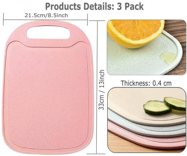 Alt view image 6 of 7 - 3 Pack Mini Kitchen Cutting Board Set Small Fruit Cutting Board Wheat Straw Plastic Cutting Boards Mats Dishwasher Safe, Juice Grooves, Thicker Boards Easy Grip Handle, Non Porous(13 Inch x 8.5 Inch)