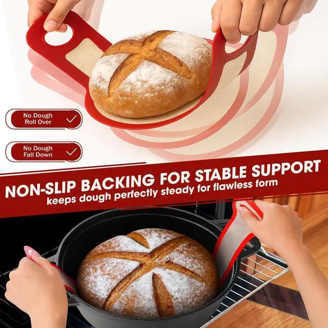 Alt view image 5 of 7 - Silicone Bread Sling for Dutch Oven, 2PCS Non-Stick Reusable Baking Mat with Long Handles, Essentials Bread Making Supplies for Dough Transfer and Loaf Pan Lifter Liner, Set Of Oval & Round