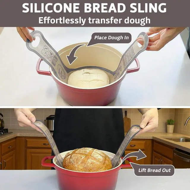 Alt view image 2 of 7 - Silicone Bread Sling for Dutch Oven, 2 PCS Non-Stick Reusable Bread Baking Mats with Long Handles, Seamless Design Easy to Transfer Sourdough Sling Silicone Sourdough Sling Dough (Round Gray/Oval Red)