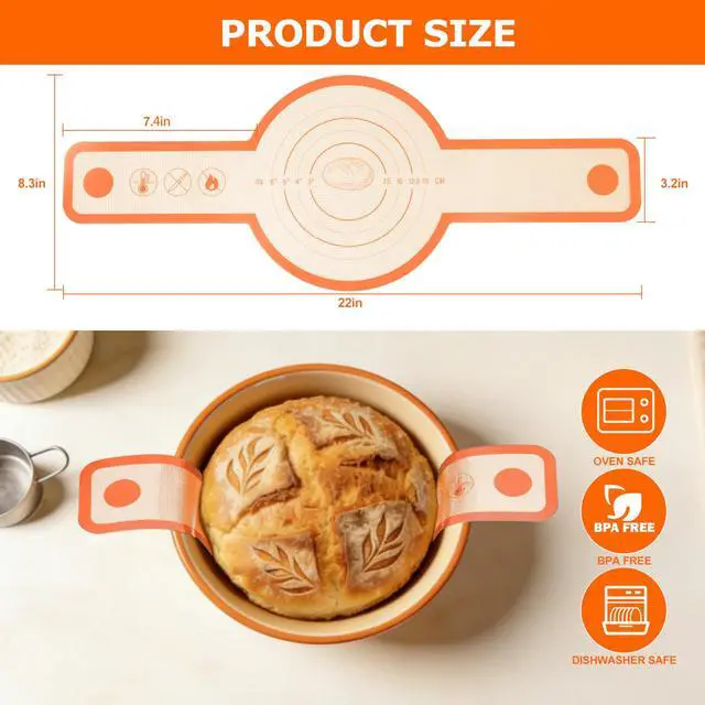 Alt view image 7 of 7 - Silicone Bread Sling for Dutch Oven, 2 PCS Non-Stick & Easy Clean Reusable Silicone Bread Baking Mats with Long Handles, Easy to Transfer Sourdough Bread