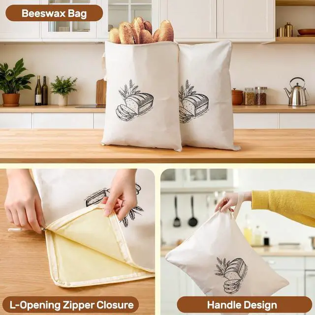 Alt view image 2 of 6 - 2 Pack Beeswax Bread Bags for Homemade Sourdough Reusable Natural Organic Bees Wax Bread Bag 13 × 17in Freezer Storage Friendly with Zipper Seal Design to Keep Fresh