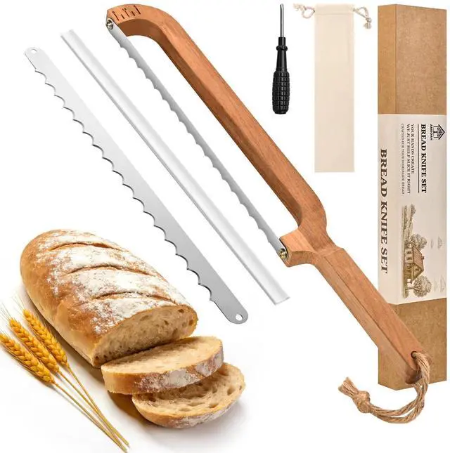 Main image of 16" Wooden Bow Bread Knife with Measuring Scale Fiddle Bow Slicer for Homemade Bread & Sourdough, Serrated Stainless Steel Bread Saw for Artisan Loaves, Bagels & Baguettes