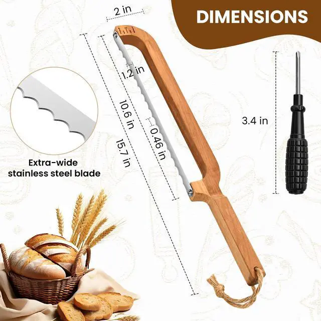 Alt view image 3 of 7 - 16" Wooden Bow Bread Knife with Measuring Scale Fiddle Bow Slicer for Homemade Bread & Sourdough, Serrated Stainless Steel Bread Saw for Artisan Loaves, Bagels & Baguettes