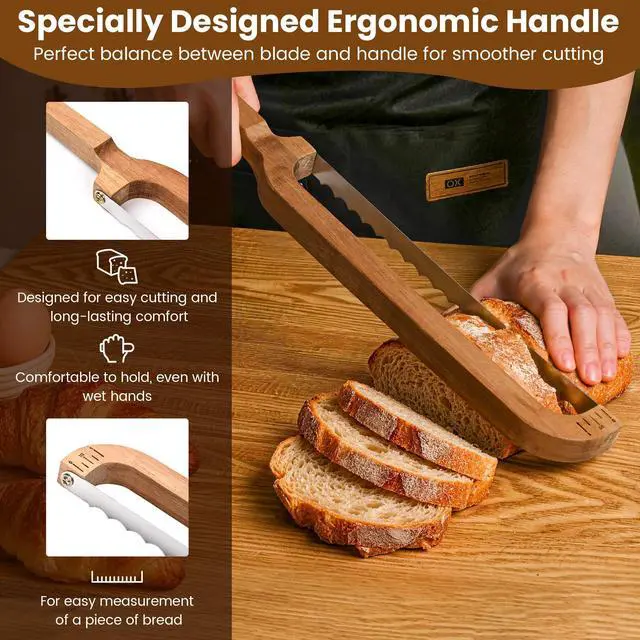 Alt view image 4 of 7 - 16" Wooden Bow Bread Knife with Measuring Scale Fiddle Bow Slicer for Homemade Bread & Sourdough, Serrated Stainless Steel Bread Saw for Artisan Loaves, Bagels & Baguettes