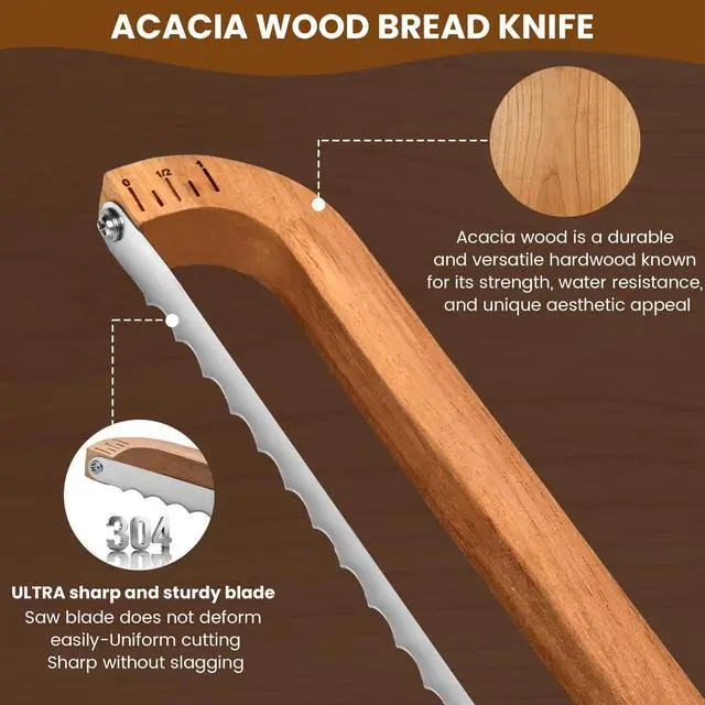 Alt view image 5 of 7 - 16" Wooden Bow Bread Knife with Measuring Scale Fiddle Bow Slicer for Homemade Bread & Sourdough, Serrated Stainless Steel Bread Saw for Artisan Loaves, Bagels & Baguettes