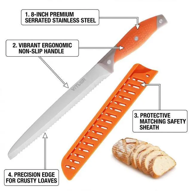 Alt view image 2 of 7 - Bread Knife with Cover, 8 inch Serrated Bread Knife for homemade bread, Bread Cutter Ideal for Slicing Homemade Bread, Bagels, Cake (8-Inch Blade with 5-Inch Handle)
