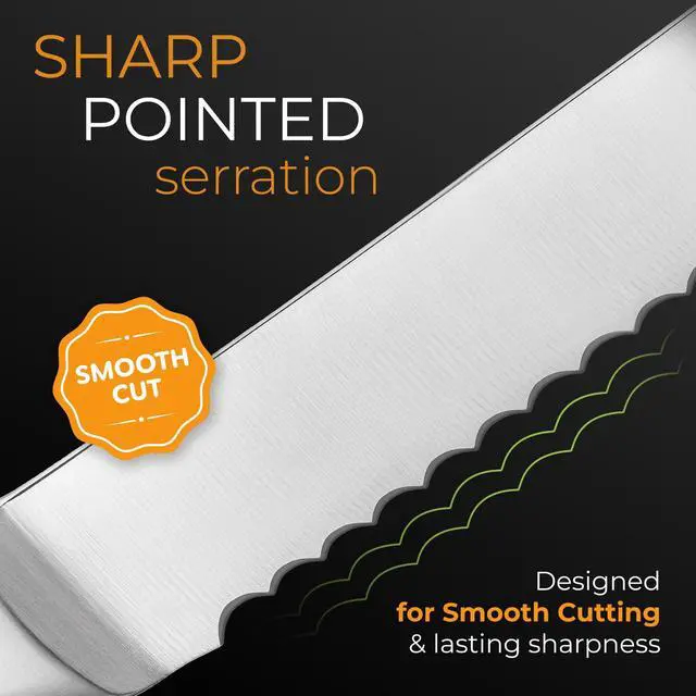 Alt view image 6 of 7 - Serrated Bread Knife with Upgraded Stainless Steel Razor Sharp Wavy Edge - Bread Cutter Ideal for Slicing Homemade Bagels, Cake (8-Inch Blade with 5-Inch Handle)