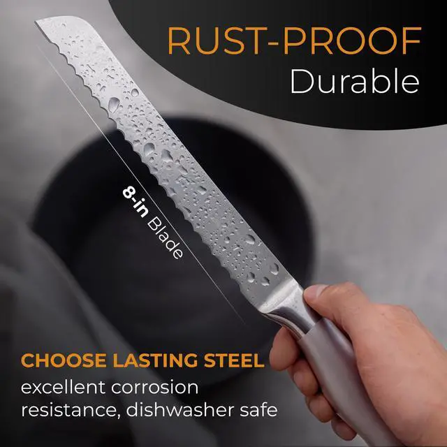 Alt view image 5 of 7 - Serrated Bread Knife with Upgraded Stainless Steel Razor Sharp Wavy Edge - Bread Cutter Ideal for Slicing Homemade Bagels, Cake (8-Inch Blade with 5-Inch Handle)