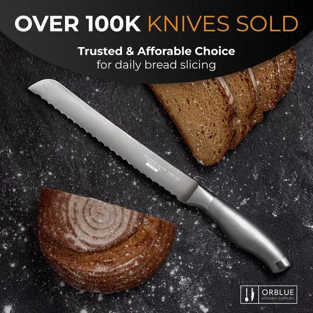 Alt view image 7 of 7 - Serrated Bread Knife with Upgraded Stainless Steel Razor Sharp Wavy Edge - Bread Cutter Ideal for Slicing Homemade Bagels, Cake (8-Inch Blade with 5-Inch Handle)