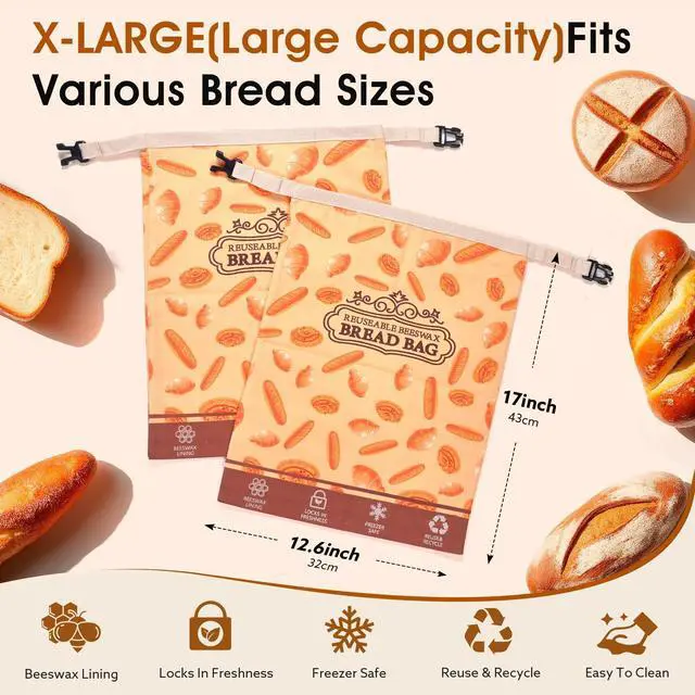 Alt view image 3 of 6 - 1 Pack Beeswax Bread Bags for Sourdough Homemade Bread, XL Cotton Lining Sourdough Reusable Natural Beeswax Bread Storage Bag, Keep Fresh and Upgraded Large Capacity Portable-17 x 12.6 Inches
